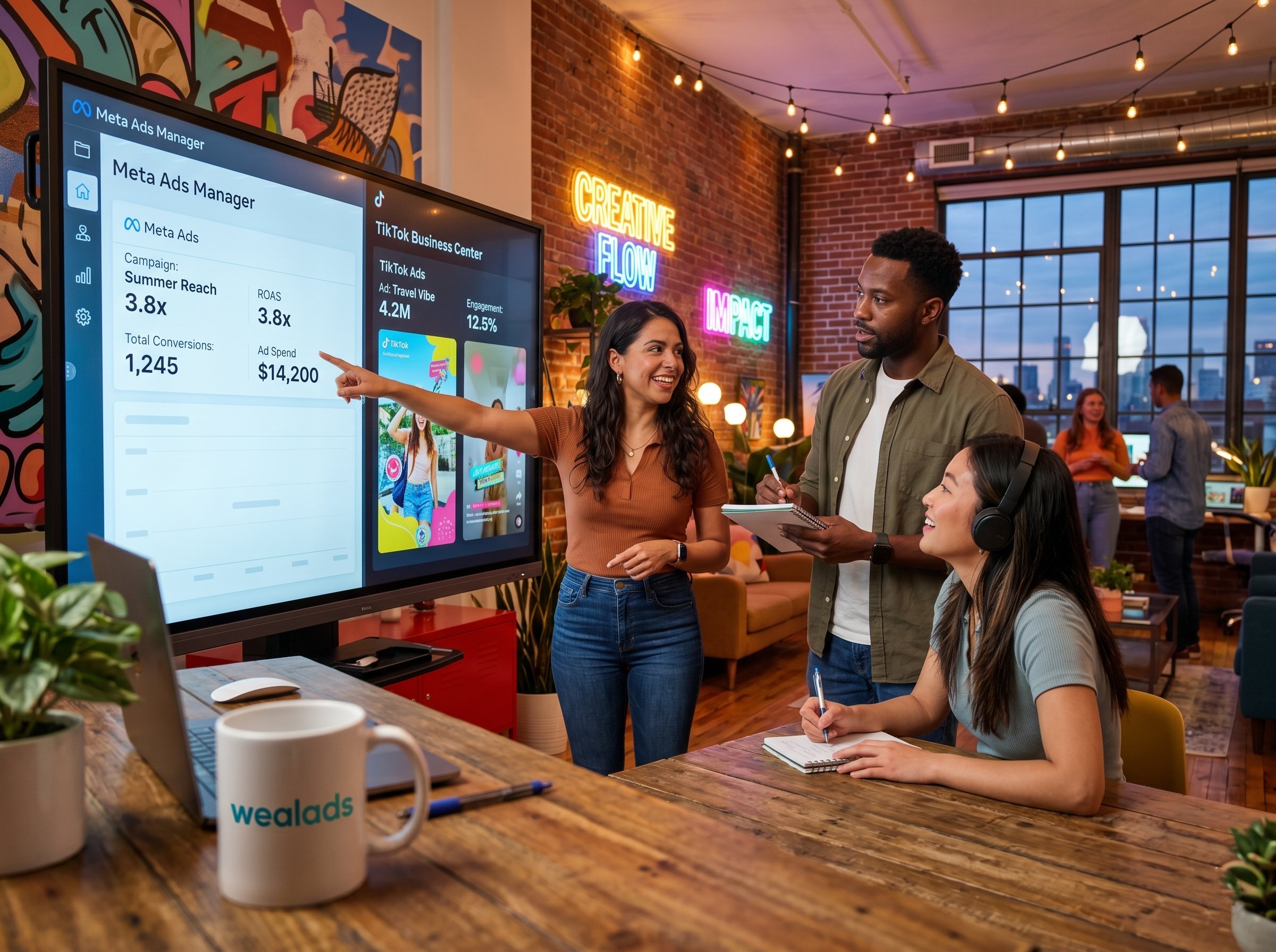 Social media advertising analytics and campaign creative on screen